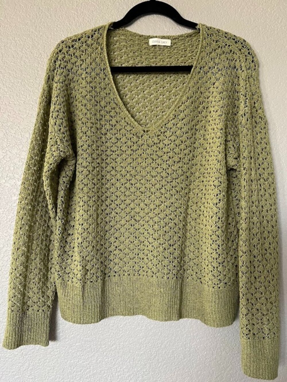 Olivia Grey Light Green Open-Knit V-Neck Sweater Size Medium